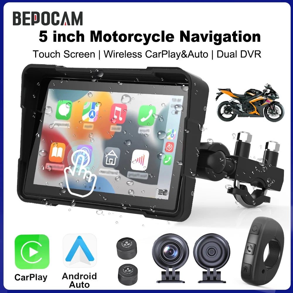 BEPOCAM Portable 5" GPS Navigation Screen for BMW Wireless CarPlay& Android Auto IPX7 Waterproof Moto Dual Bluetooth DVR Recorde