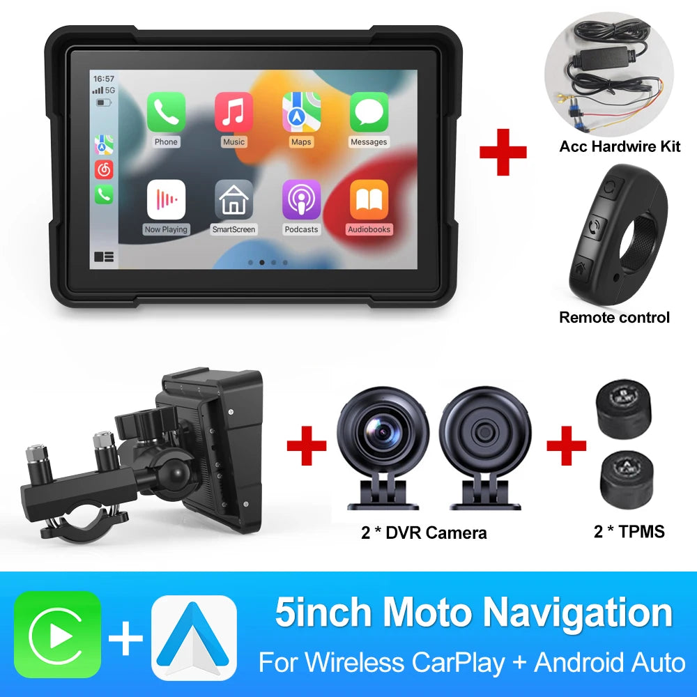 BEPOCAM Portable 5" GPS Navigation Screen for BMW Wireless CarPlay& Android Auto IPX7 Waterproof Moto Dual Bluetooth DVR Recorde