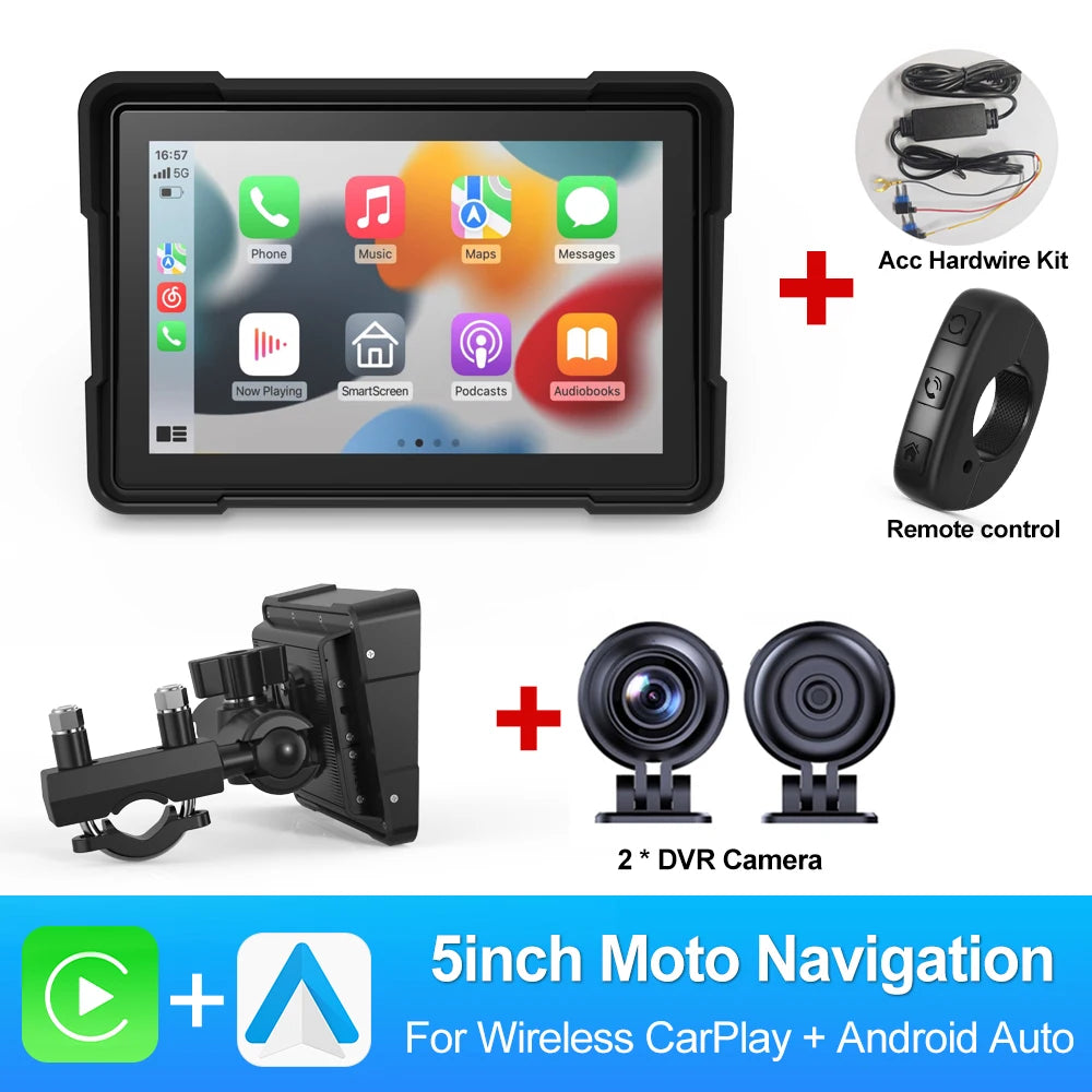 BEPOCAM Portable 5" GPS Navigation Screen for BMW Wireless CarPlay& Android Auto IPX7 Waterproof Moto Dual Bluetooth DVR Recorde